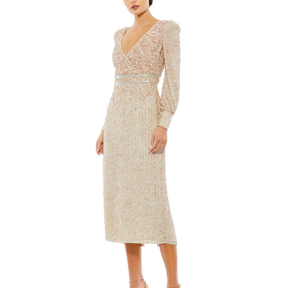 SEQUINED V NECK BISHOP SLEEVE DRESS [Size 8]- NWT